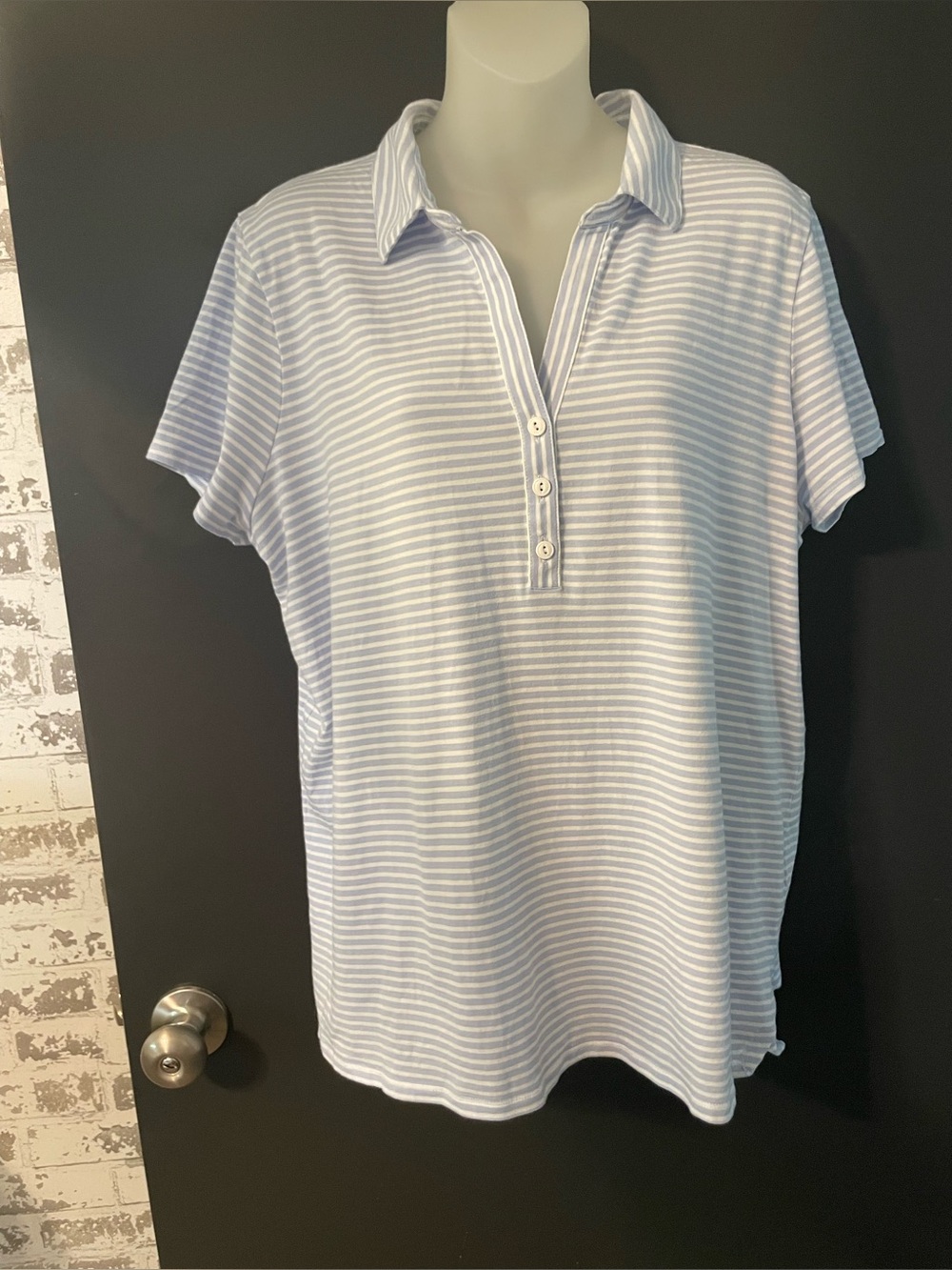 J.Jill Fit Progress Polo — Light Blue & White Stripe, Size L